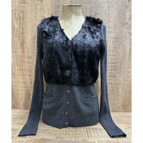 Simply Vera Vera Wang women size M black and gray faux fur button cardigan - Picture 1 of 9